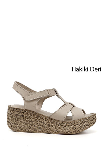 GÖNDERİ(R) Women's Beige Antique Velcro Strap Wedge Heel Genuine Leather Sandals