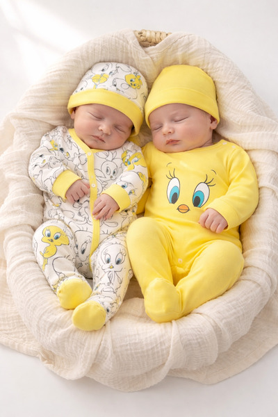 İZYALİF BABY Civciv 2li Tulum Takımı 4 Parça Şapkalı Yenidoğan Kıyafeti Organ...