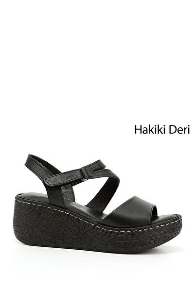 GÖNDERİ(R) Women's Black Velcro Strap Wedge Sole Genuine Leather Sandals