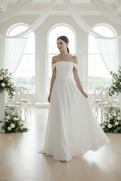 ENDAMIM Drapeli Düşük Kol Şifon Nikah & Dış Çekim Elbisesi – Kırık Beyaz, A-L...