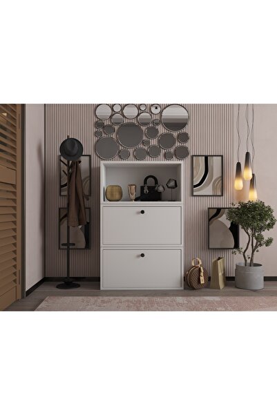 Nettrends Düşer Iki Kapaklı Raflı Beyaz Ayakkabılık Çıtasız Ayk-1057-ç