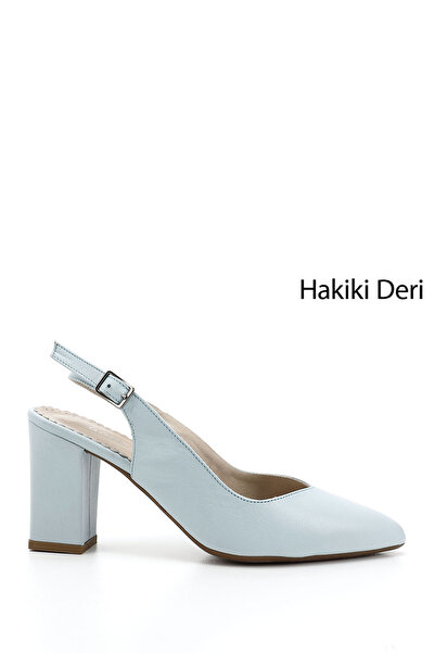 GÖNDERİ(R) حذاء نسائي/بنات أزرق عتيق بكعب عالٍ سميك مفتوح من الخلف من الجلد ا...