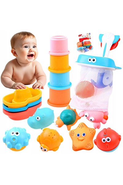 huanger Set 16 jucarii de baie Indiggo pentru copii, animale marine, plasa pe...