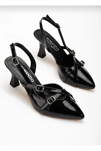 ELMANDO حذاء نسائي بكعب عالٍ من الجلد اللامع باللون الأسود مع تفاصيل مشبك مزد...