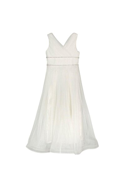 Civil Girls Beli Taşlı Tüylü 6-14 Yaş Abiye - Kırık Beyaz