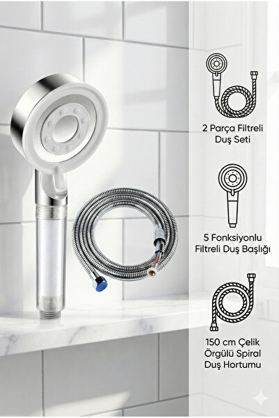 Plodna House Filtreli Beyaz Çelik 5 Fonksiyonlu Duş Başlığı Seti – 150 cm Çel...