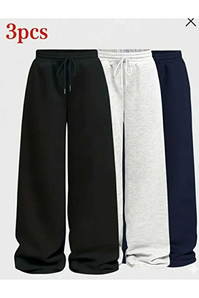 BERYY MODA Pachet de 3 pantaloni de trening largi, negri, bleumarin și gri