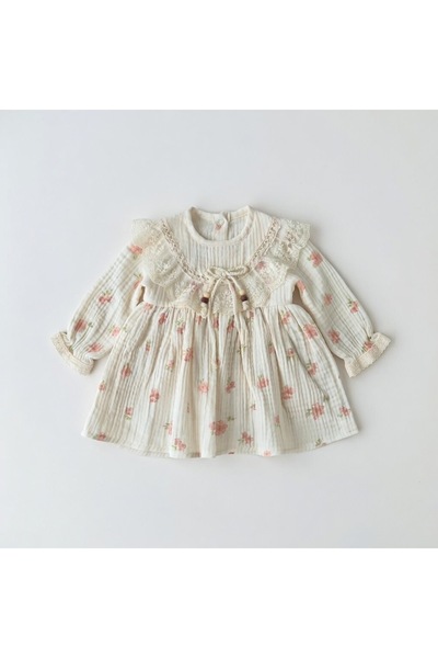 AGE Kız Bebek Elbise Müslin Kumaş Çiçekli Dantelli Uzun Kollu