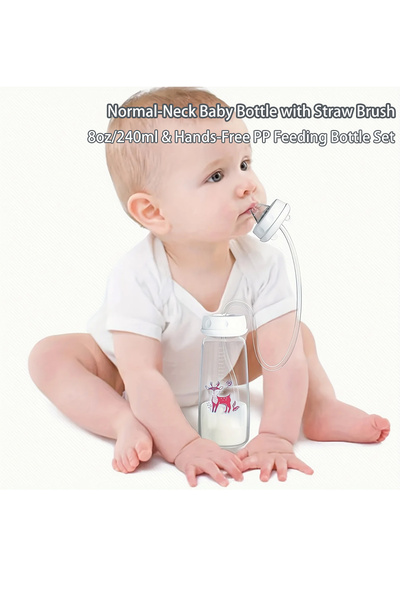 Choice زجاجة رضاعة وردية اللون سعة 8 أونصة/240 مل ذات رقبة عادية مع فرشاة ماص...