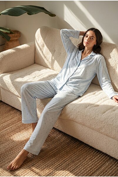 Espuar Women's Heart Patterned Front Buttoned Long Sleeve Pajama Set 778