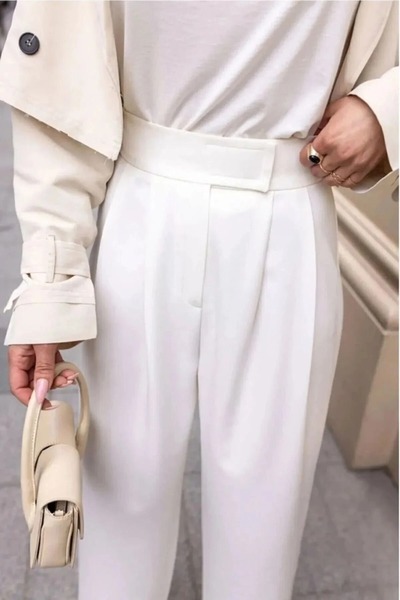 BILDEŞA Kadın Yüksek Bel Cırtlı Beli Beyaz Palazzo Pantolon