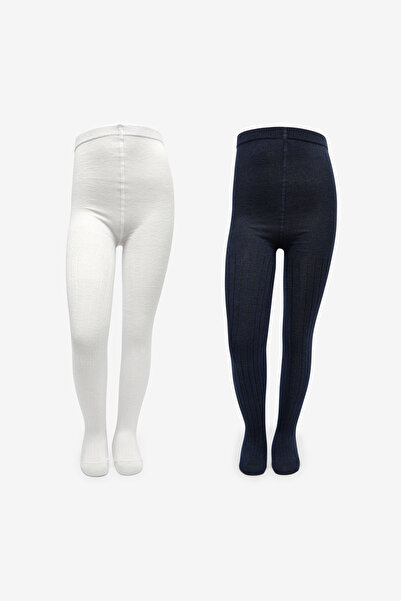 Penti Girl's Pretty Rib 2-Pack White-Navy Blue Pantyhose