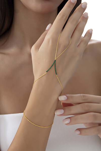 Lia Berto 925 Ayar Gümüş Zümrüt Zirkon Taşlı V Altın Kaplama Şahmeran