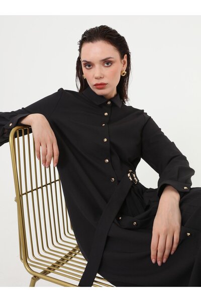 Refka Crepe Fabric Pleated Detailed Buckle Decorated Hijab Dress - Black -