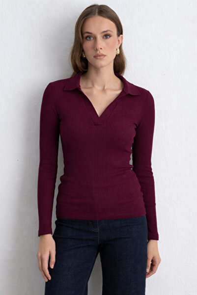 Gusto Polo Collar Cotton Knitted Blouse - Plum