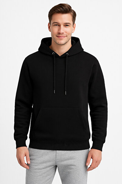 KaeLaurean Hanorac pentru bărbați din bumbac negru basic cu glugă 3 fire Swea...