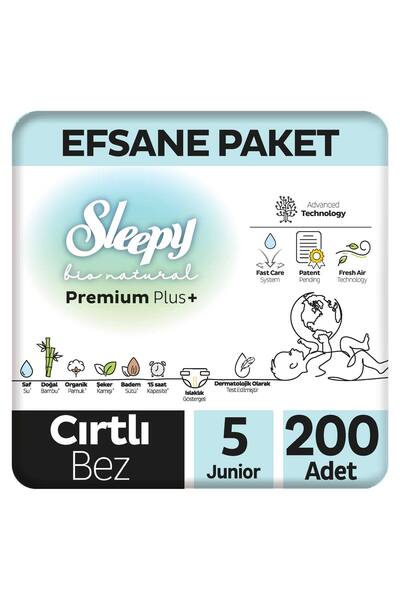 Sleepy Bio Natural Premium Plus Efsane Paket Bebek Bezi 5 Numara Junior 200 Adet