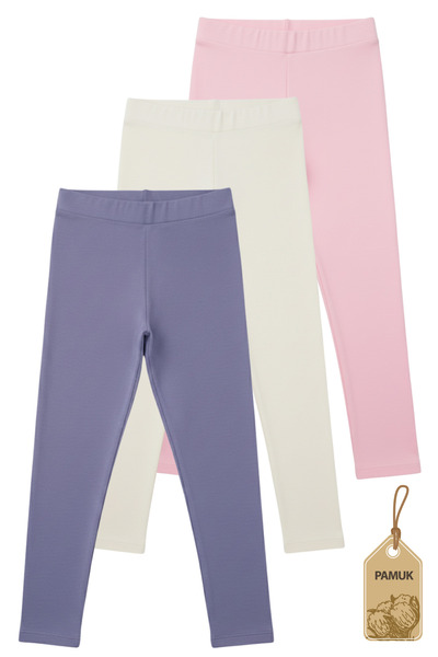 TWOO KİDS Üçlü Set Lila Pudra Beyaz Yazlık Rahat Kız Çocuk Likralı Uzun Tayt