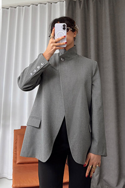 Mine Tan Butik ياقة مرتفعة متوسطة الطول سترة نسائية بزر واحد - رمادي