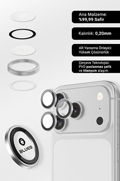 BLUEO Sapphire iPhone 17 Pro/ 17 Pro Max Uyumlu 9 MOhs %99.99 Safir Silver Ti...