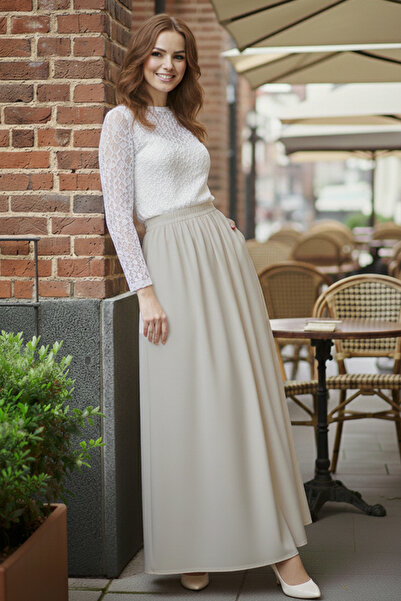 benguen Ελαστική Ζώνη στη Μέση Διπλή Φούστα M213 Χρώμα Πέτρας