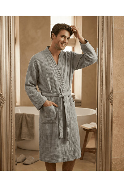 Lucy and Home رداء حمام/كيمونو للجنسين، رمادي فاتح، 4 طبقات من الموسلين