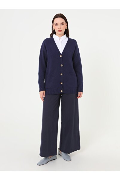 Refka Pocket Detailed Bone Buttoned Knitwear Cardigan - Navy Blue -