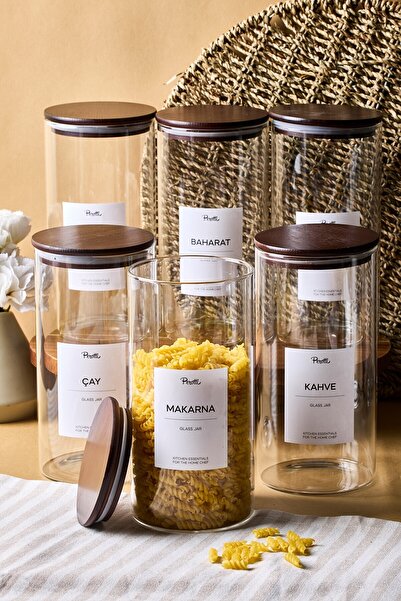 Perotti Lawson 6'lı Akasya Kapak Cam Kavanoz 1300 ml 10x20 cm 16 Adet Etiket ...