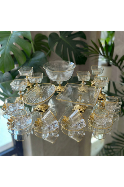 Elta Collection مجموعة تقديم وخدمة باشباشة ذات قاعدة معدنية ذهبية اللون، مجمو...