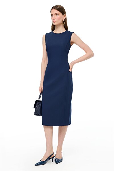Perspective Navy Blue Dellas Slim Fit Midi Length Dress