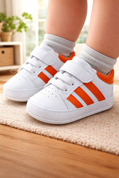 Kiçi Turuncu Çizgili Cırt Cırtlı İlk Adım Ayakkabısı Rahat Taban