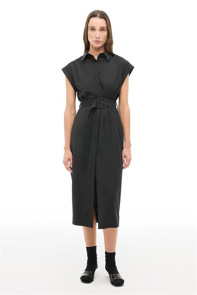 Perspective Black Striped Shirt Collar Midi Length Dress