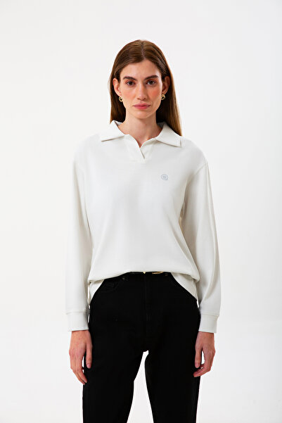 UNIQVIBE Polo Yaka %100 Organik Pamuk Beyaz Kadın Uzun Kollu Tişört