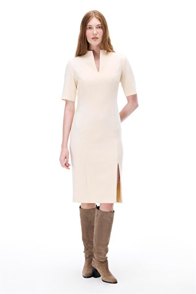 Perspective Light Beige V-Neck Slim Fit Below the Knee Dress