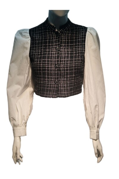 FASHION Black plaid blouse, with white sleeves, tunic, casual, office