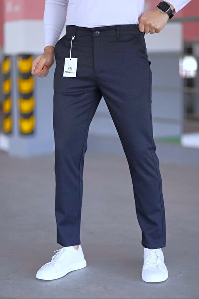 MODAMESTO بنطلون رجالي باللون الأزرق الداكن قصة ضيقة بنمط أرمور قماش قابل للتمدد