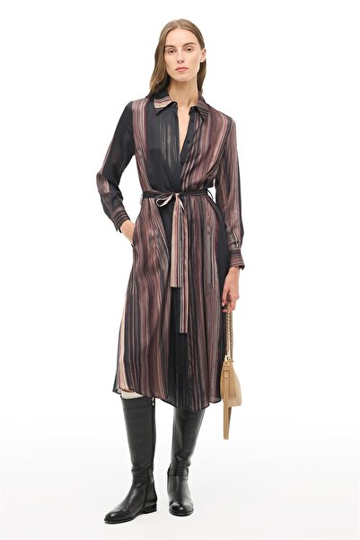 Perspective Multi-Colored Striped Shirt Collar Midi Dress