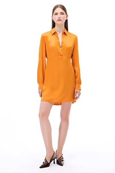 Perspective Safira Regular Fit Kısa Boy Takma Kol Gömlek Yaka Turuncu Elbise