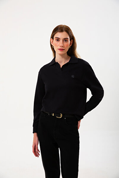 UNIQVIBE Polo Yaka %100 Organik Pamuk Kadın Siyah Uzun Kollu Tişört