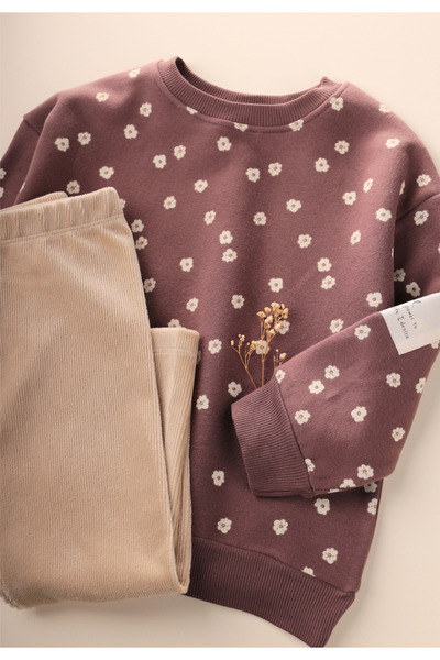 Cigit Velvet Tights Sweatshirt Set 2-10 Years Old a Brown