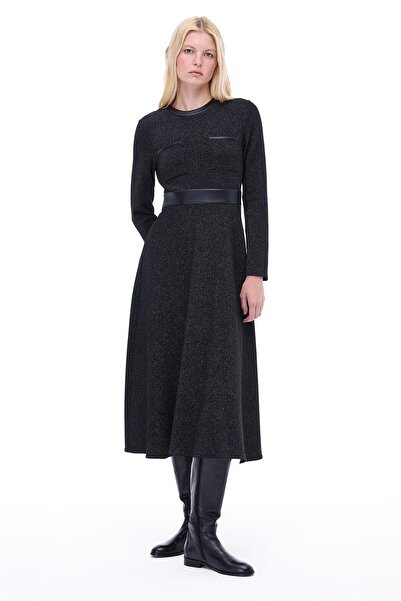 Perspective Anderas Regular Fit Midi Boy Takma Kol Bisiklet Yaka Siyah Elbise