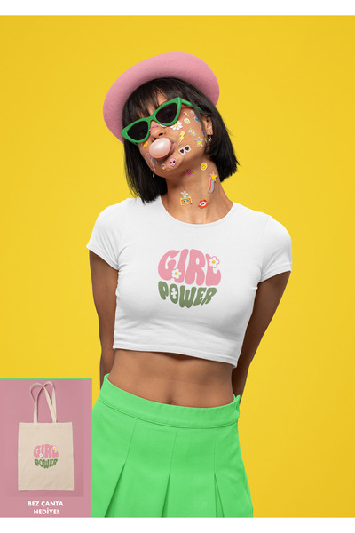 Bo Essences Girl Power White Printed Crop Women's T-Shirt – 100% Cotton – Com...