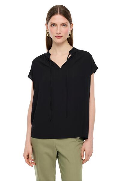 Perspective Black V-Neck Low Sleeve Blouse with Lace Detail