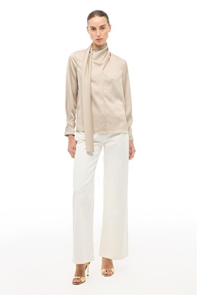 Perspective Beige Shawl Collar Blouse