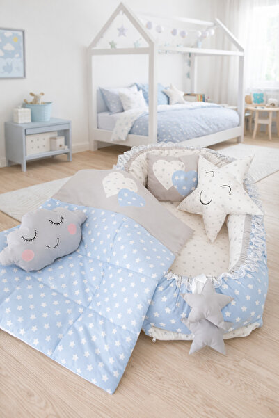Jaju Baby Babynest Mavi Yıldız Gri Kombin 5 Parça Lüx Jaju Babynest Anne Yanı...
