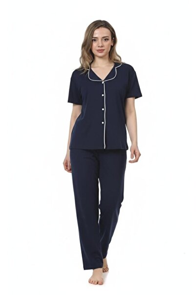 Sude HOMEWEAR Ercan Kadın Kısa Kol Lacivert Gömlek Pijama Takımı