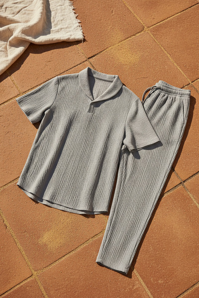 SeusCraft Bürümcük Krinkıl T-shirt Pantolon Takım - Gri Regular Bebe Yaka