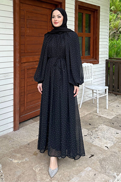 Ovn. Rosalina Taşlı Şifon Elbise - Siyah