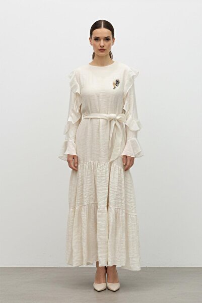 Puane Rochie lungă cu mâneci cu volane și cordon în talie-12673 - BEIGE