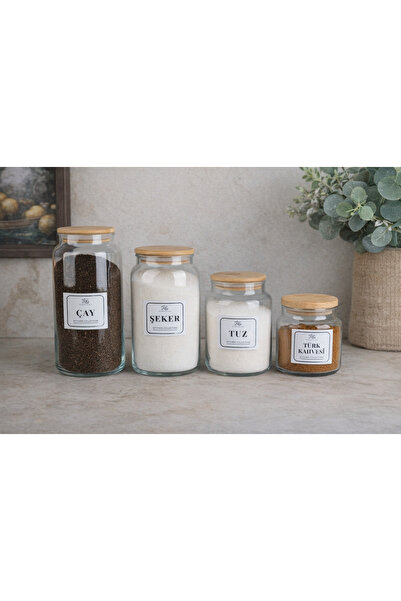 Kitchen Pembelia 4 lü Bambu Kapaklı Cam Çay Şeker Tuz Kahve Saklama Kavanoz S...